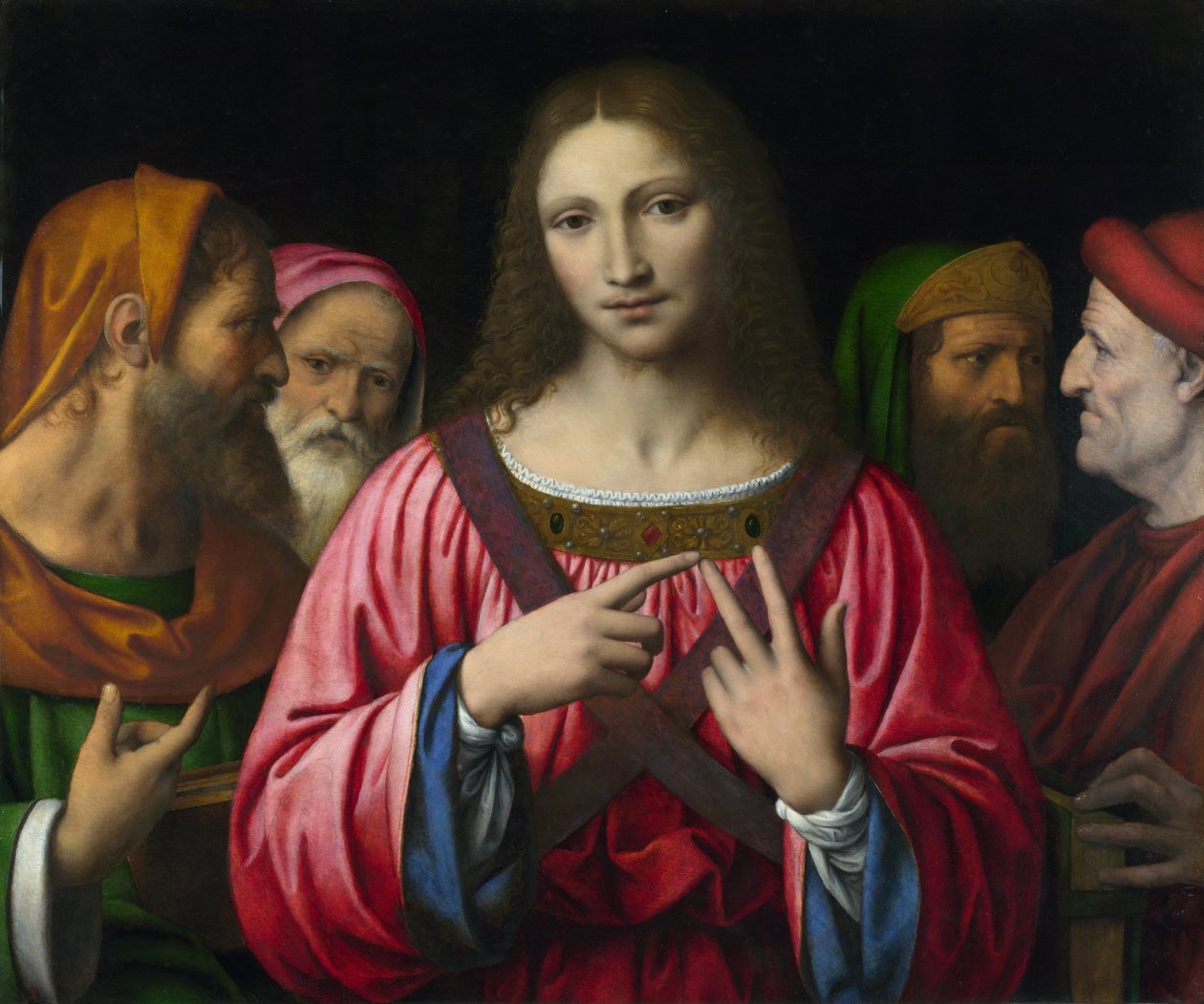 ""Kristus och lagens läkare"" Målning av Bernardino Luini (1481-1532), ca 1515-1530 Dim 72,4x85,7 cm London, National Gallery - Luini, Bernardino (ca 1480-1532) Kristus bland läkarna Olja på trä c. 1520 National Gallery, London 72,4x85,7 av Bernardino Luini
