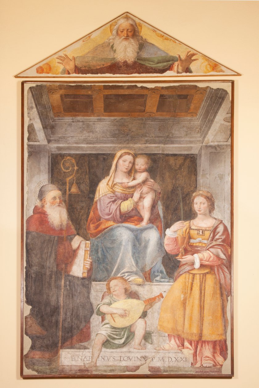 Madonna och barn, St Anthony Great, St Barbara och musikerängel av Bernardino Luini