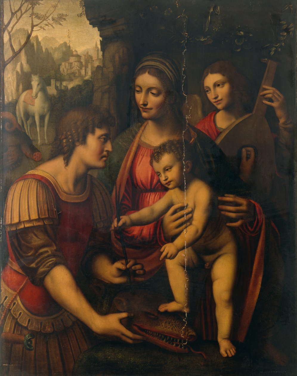 Madonna och barn med Saint George och en ängel (olja på panel) av Bernardino Luini