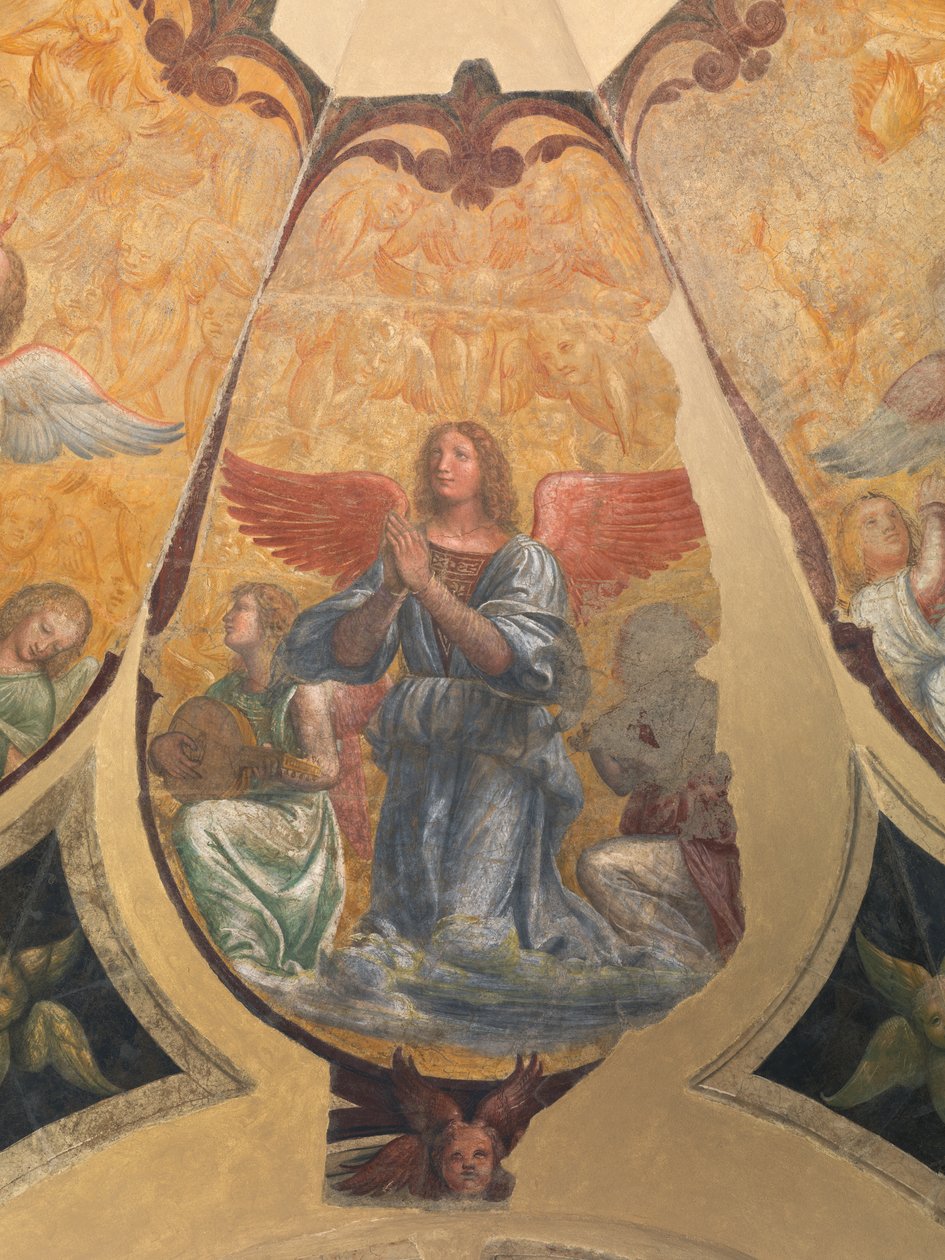 Bedande ängel mellan två knästående musiker och keruber av Bernardino Luini