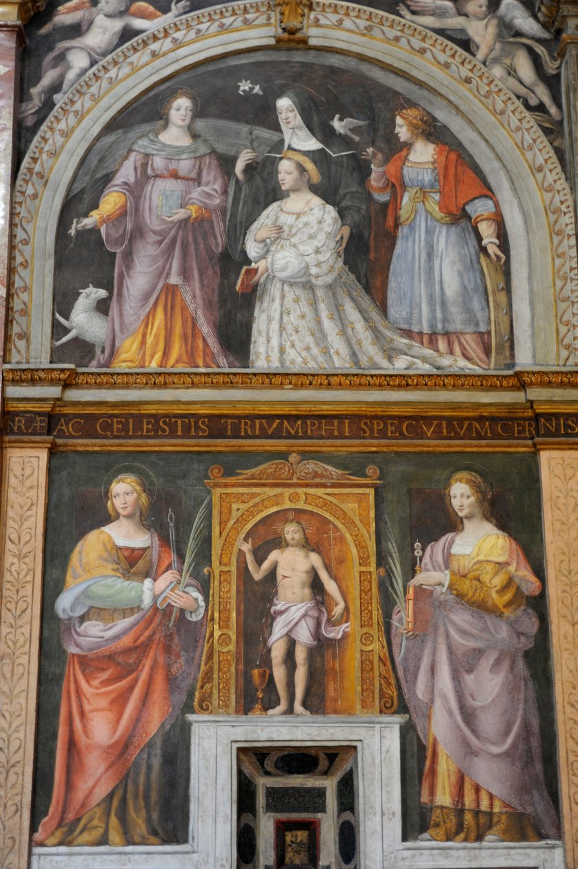 Saint Apollonia och Saint Lucy, högst upp, Ippolita Sforza omgiven av helgon och nunnor, fresk av Bernardino Luini i kyrkan Saint Maurice vid Maggiore-klostret, Milano, Lombardiet, Italien av Bernardino Luini