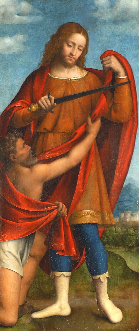 Saint Martin delar sin mantel med en tiggare, 1520-22 (tempera ombord) av Bernardino Luini