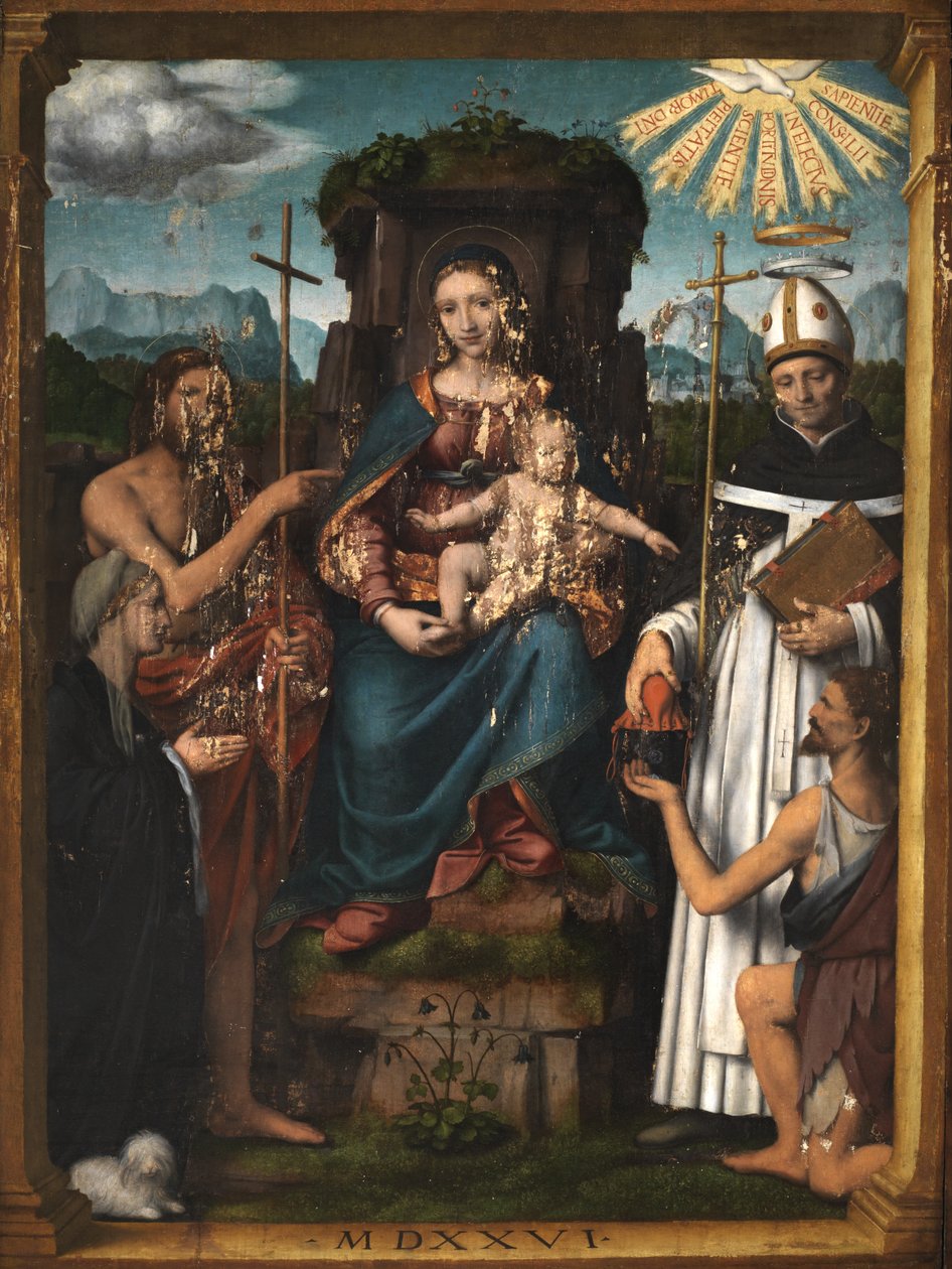 Jungfru och barn tronade med Johannes Döparen, Sankt Antoninus, en kvinnlig donator och en tiggare, 1526 av Bernardino Luini