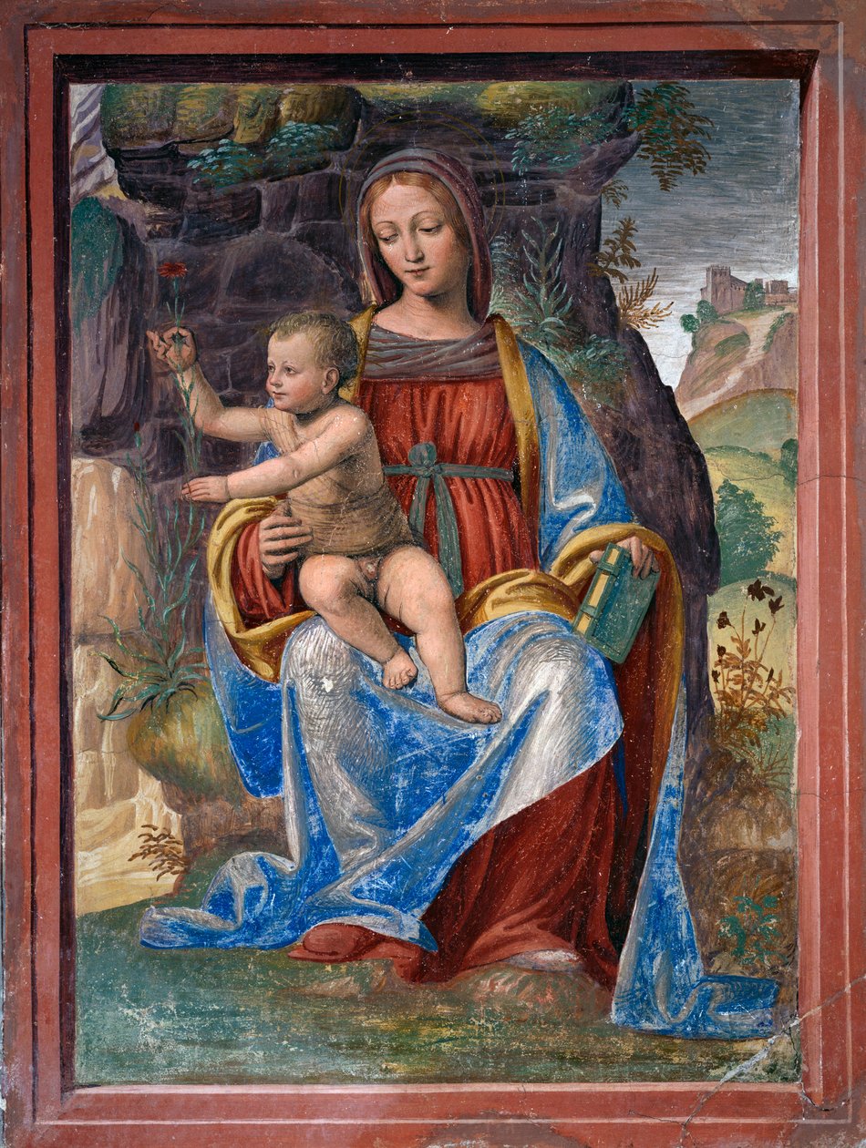 Virgin and Child, fresk av Bernardino Luini (ca 1480-ca 1532), i Lavabo Room eller Vestry, Lombardiet, Italien av Bernardino Luini