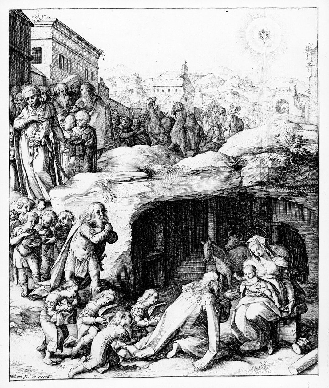 Magiernes tilbedelse, indgraveret af Hendrik Goltzius, ca. 1585 sverige av Bernardino Passeri