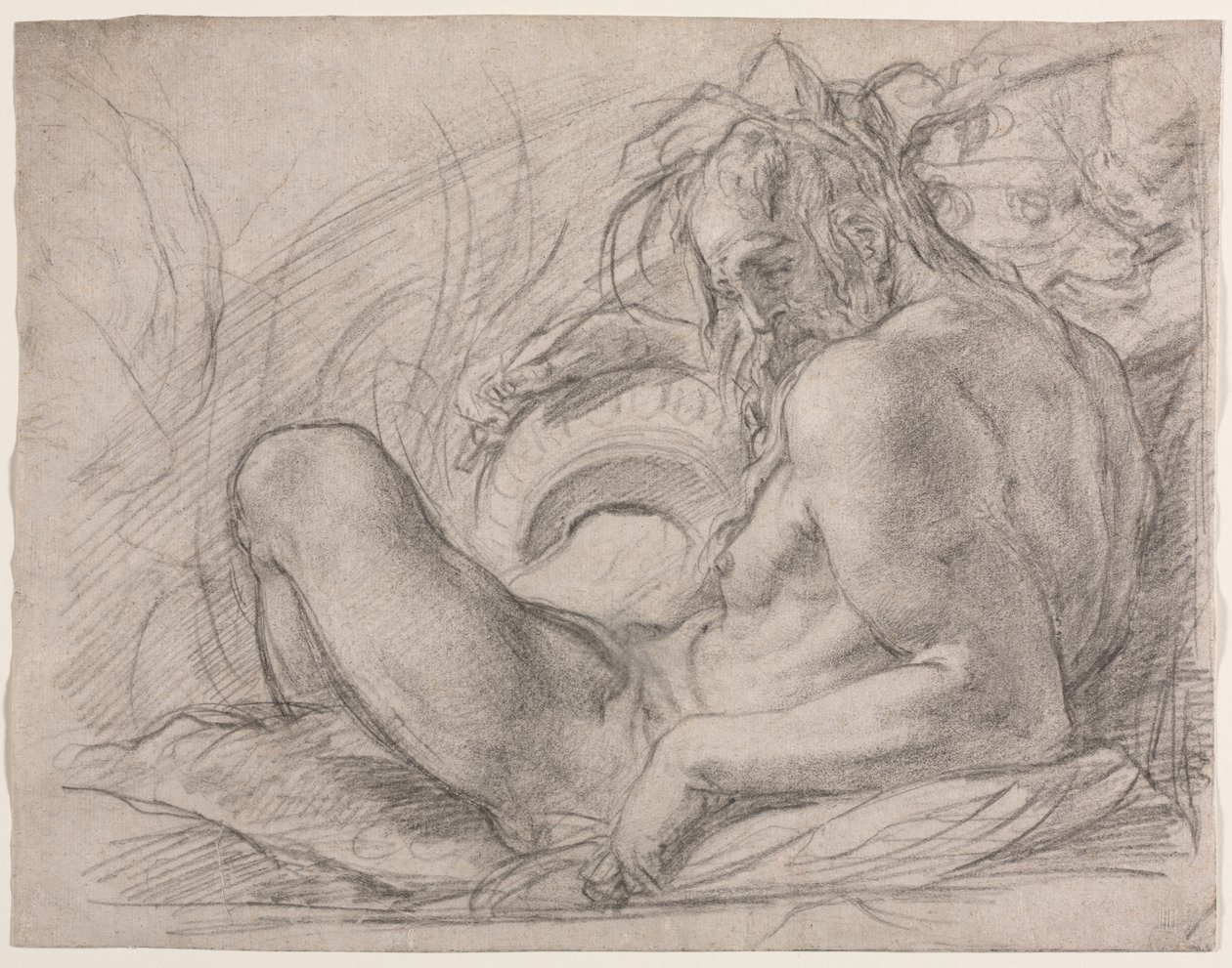 The River God Tiber (Studera för en fresk, Miracle of the Snow, eller Foundation of Santa Maria Maggiore, Rom i Canigiani-kapellet i S. Felicita, Florens) av Bernardino Poccetti