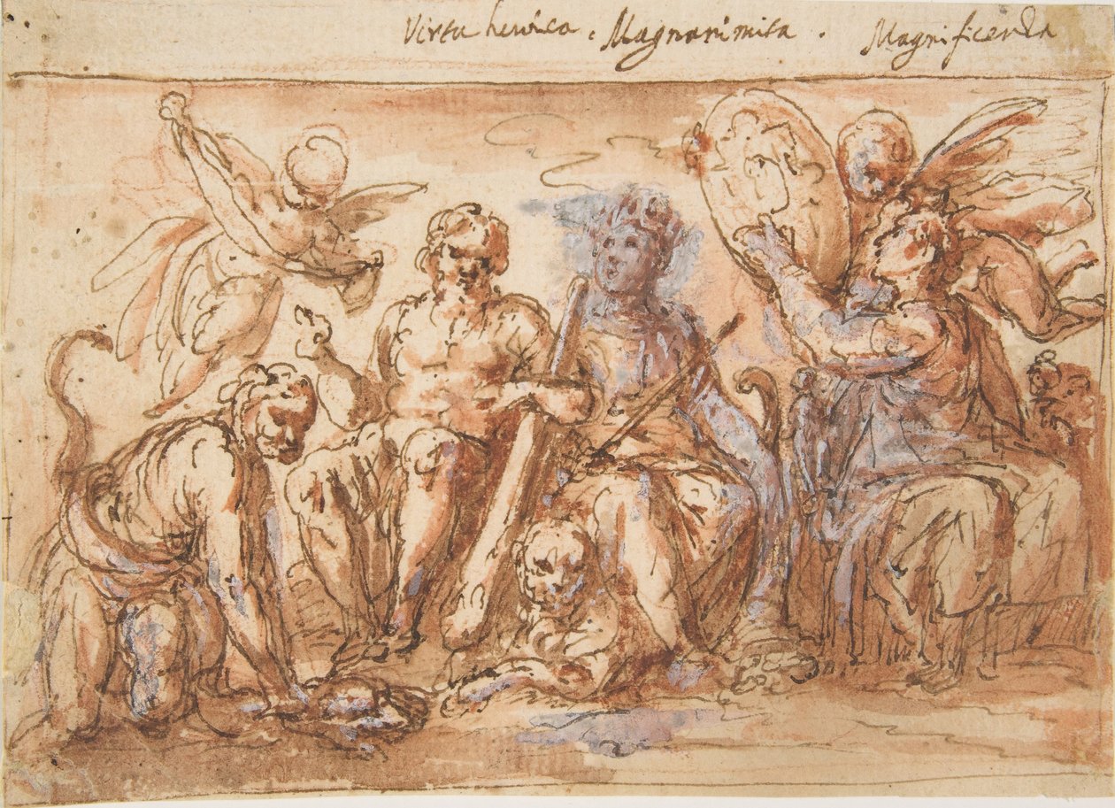 Allegoriska figurer: Kraft, Herkules stryper Hydra, Plenty och Fame, 1600-1650. av Bernardino Rodriguez