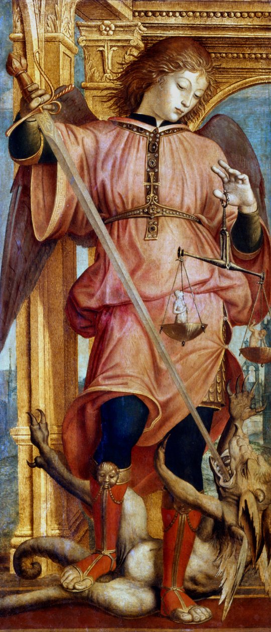 Ärkeängeln Mikael kämpar mot en drake med ett svärd, c1484-1526 av Bernardino Zenale
