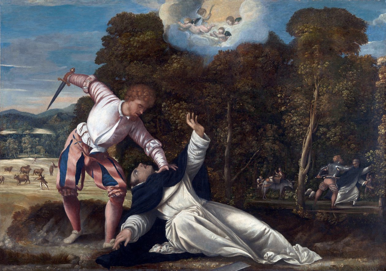 Sankt Peter av Veronas död - Målning tillskriven Bernardino da Asola (aktiv 1525-1550), olja på duk (102x144,8 cm), cirka 1540 - (Den Sankt Peters martyrs död, Olja på duk av Bernardino da Asola av Bernardino da Asola
