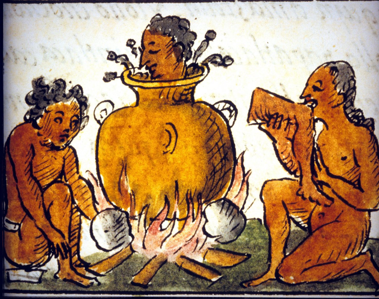 Rituell kannibalism bland aztekerna. Manuskript av Bernardino de Sahagun. 1600-talet. Detaljer för COS0 av Bernardino de Sahagun