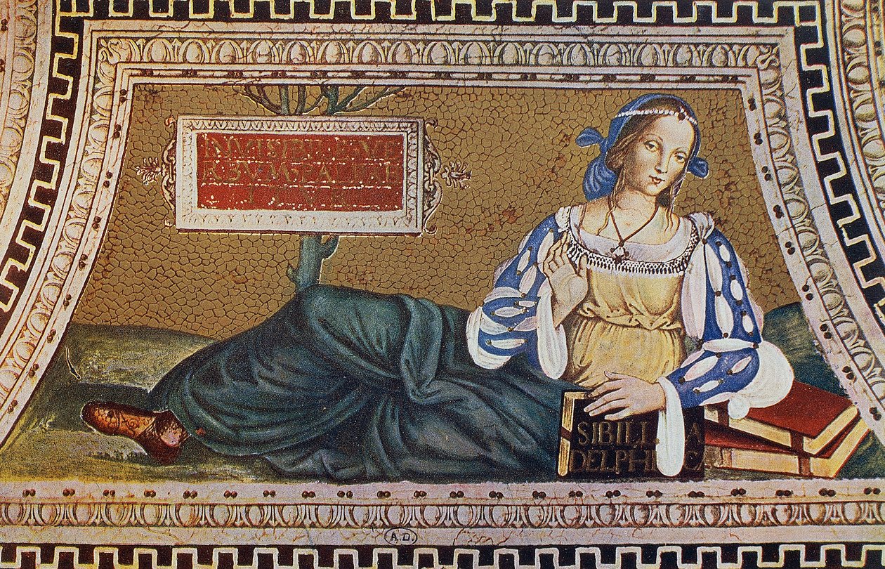 Sibylla av Delphi, gravyr från mosaik av Bernardino Pinturicchio (ca 1452-1513) i kyrkan Santa Maria del Popolo, Rom av Bernardino di Betto (after) Pinturicchio