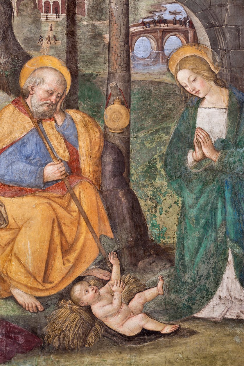 Tillbedjan av herdarna (Tillbedjan av herdarna) Detaljfresk av Pinturicchio (Bernardino di Betto) (1454-1513) 1484-1492 (kyrkan Santa Maria del Popolo), basilikan Santa Maria del Popolo, Cappella Basso della Rovere Rom Italien av Bernardino di Betto Pinturicchio