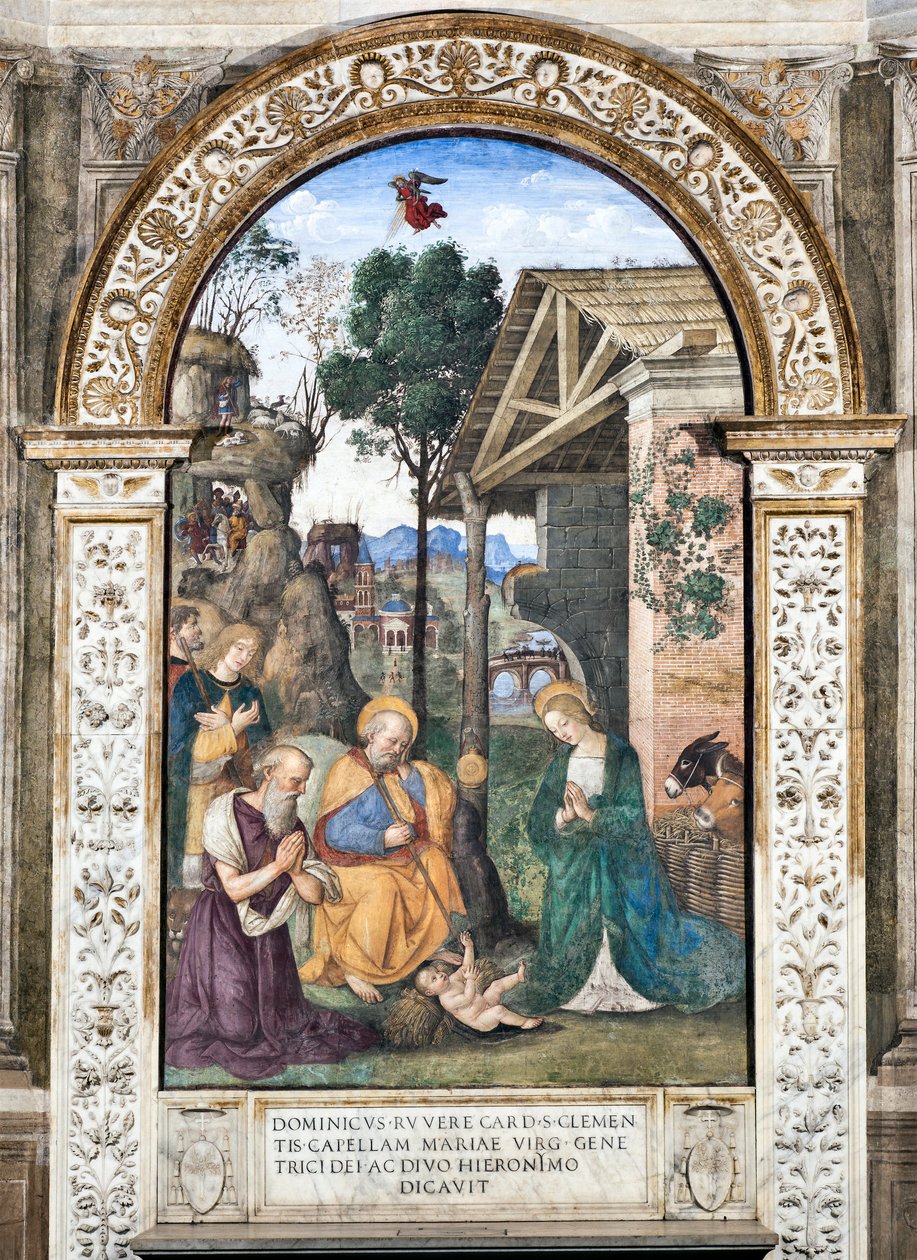 Tillbedjan av herdarnas fresk av Pinturicchio (Bernardino di Betto) (1454-1513) 1484-1492 Basilikan Santa Maria del Popolo (kyrkan Santa Maria del Popolo), Cappella Basso della Rovere Rom Italien av Bernardino di Betto Pinturicchio