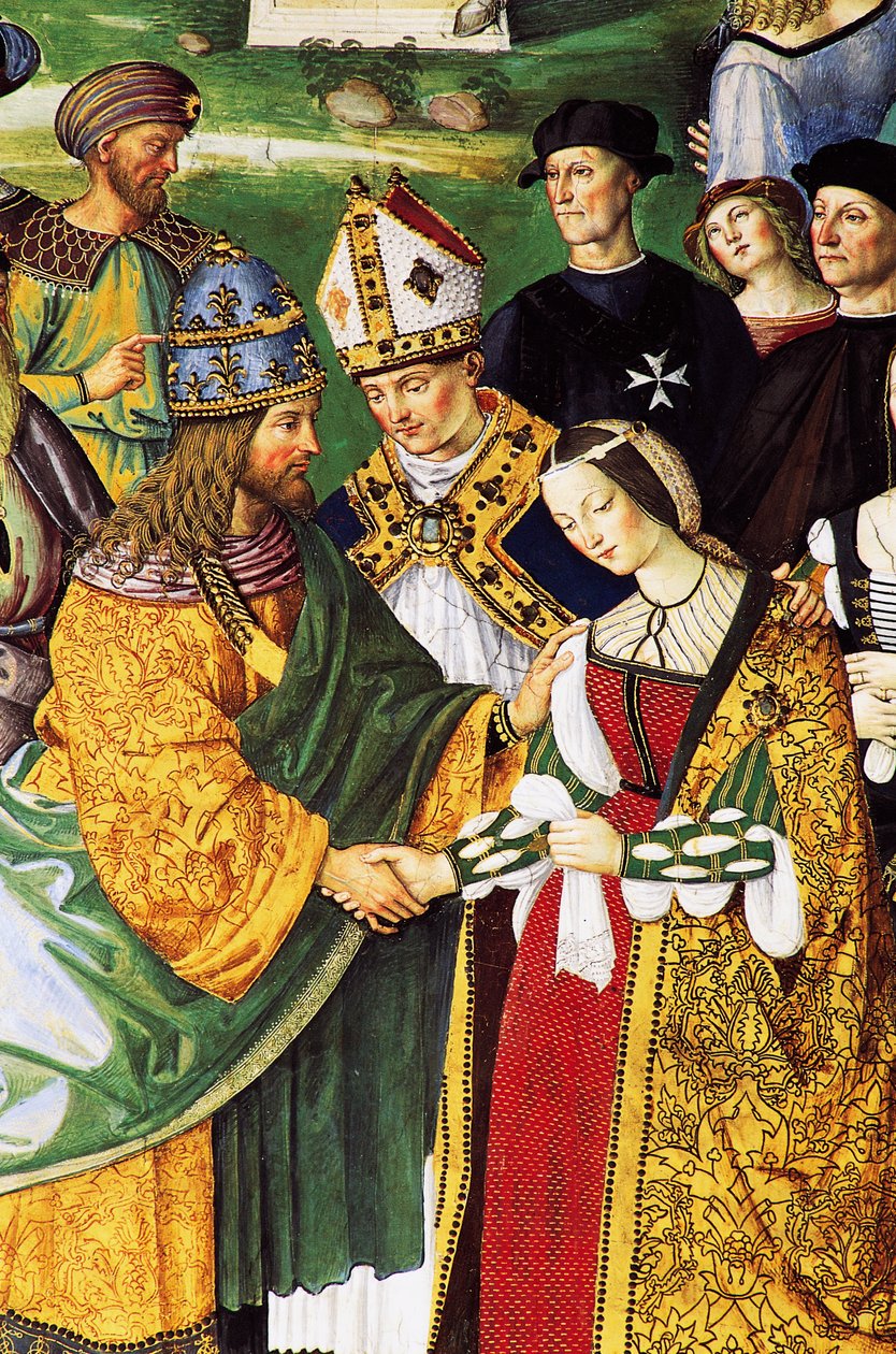Aeneas Sylvius, biskop av Siena, presenterar kejsar Fredrik III med sin blivande hustru Eleonora av Aragon av Bernardino di Betto Pinturicchio