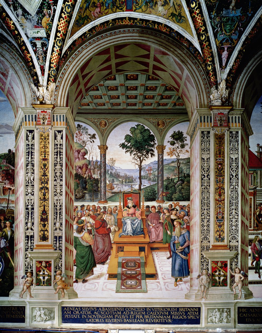 Aeneas Sylvius Piccolomini (1405-1464) håller tal inför kung James I av Skottland (1394-1437) 1435 av Bernardino di Betto Pinturicchio
