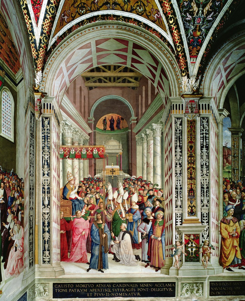 Aeneas Sylvius Piccolomini (1405-64), vald påve med namnet Pius II, går in i St. Peterskyrkan, 3 september 1458 av Bernardino di Betto Pinturicchio