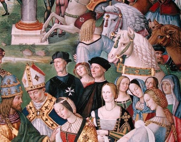 Aeneas Sylvius Piccolomini (1405-64) presenterar Eleonora av Aragon för Fredrik III (1415-93) den 24 februari 1452 (fresk) (detalj) av Bernardino di Betto Pinturicchio