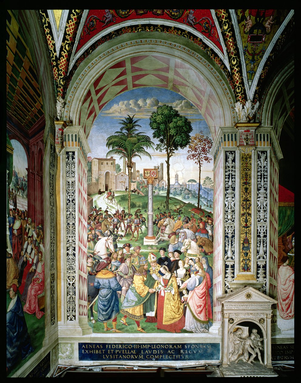 Aeneas Sylvius Piccolomini (1405-64) presenterar Eleonora av Aragon för Fredrik III (1415-93) den 24 februari 1452 (fresk) av Bernardino di Betto Pinturicchio