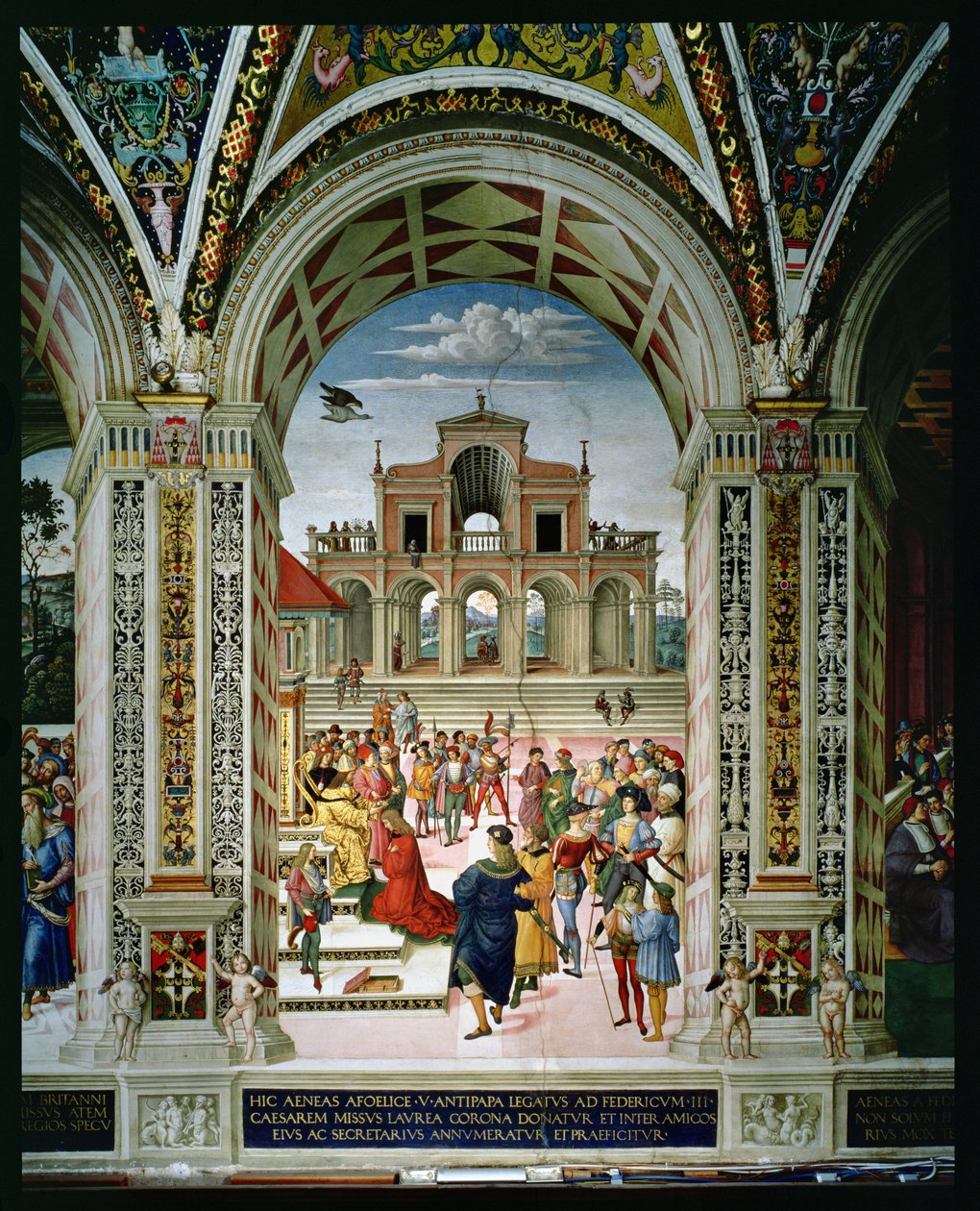 Aeneas Sylvius Piccolomini (1405-64) är krönt poetpristagare av Fredrik III (1415-93) 1442 av Bernardino di Betto Pinturicchio