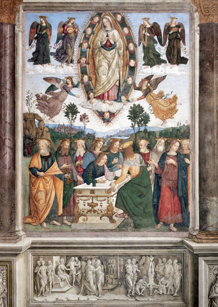 Jungfruns antagande - Jungfrun är representerad i en mandorla - Fresk av Pinturicchio (Bernardino di Betto) (1454-1513) 1484-1492 Rom, Basilica di Santa Maria del Popolo (Santa Maria del Popolos kyrka), Chapel Basso della Rovere Italien av Bernardino di Betto Pinturicchio