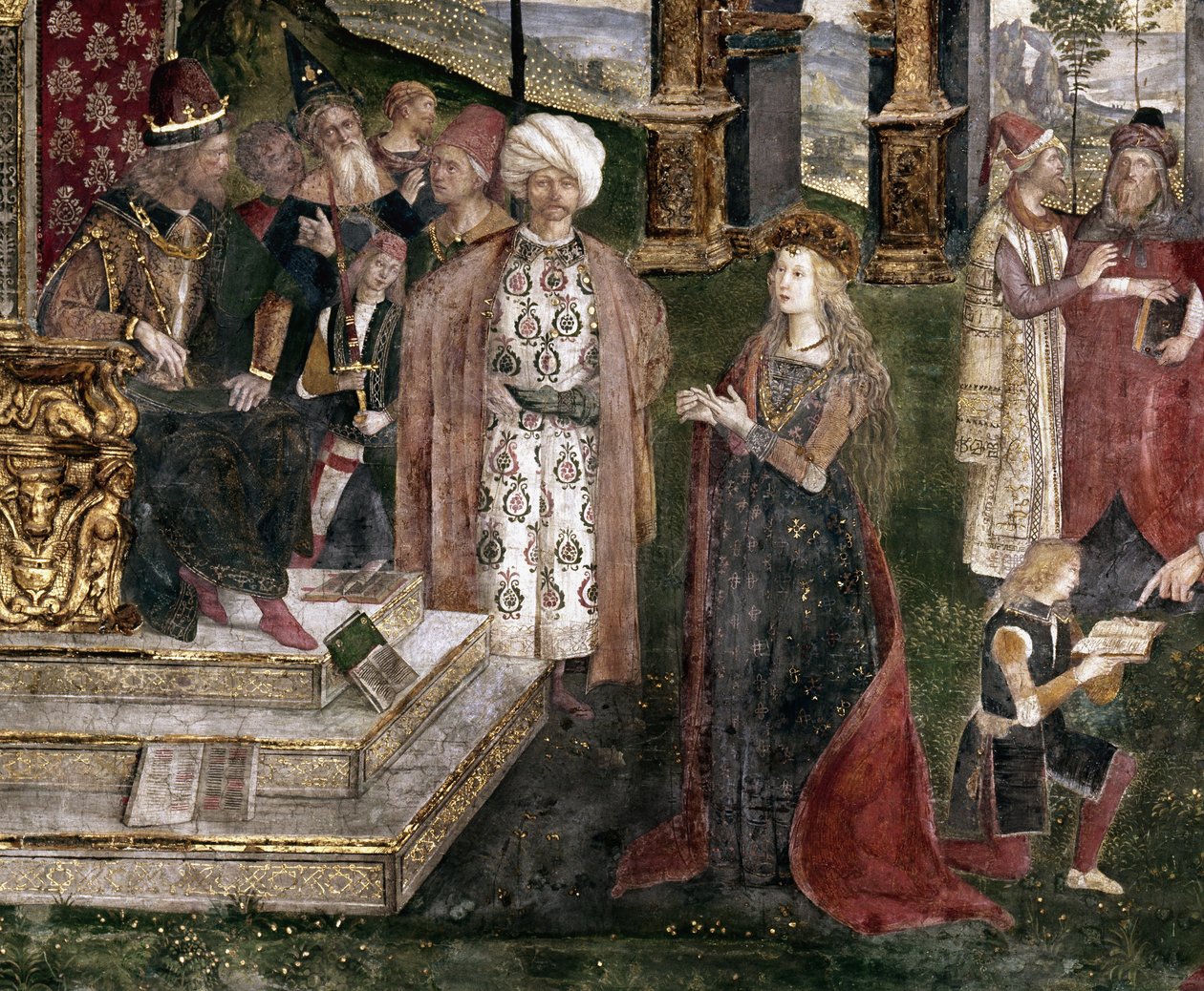 Detalj av tvisten mellan St. Katarina av Alexandria med filosofen, framför den romerske kejsaren Maxentius av Bernardino di Betto Pinturicchio
