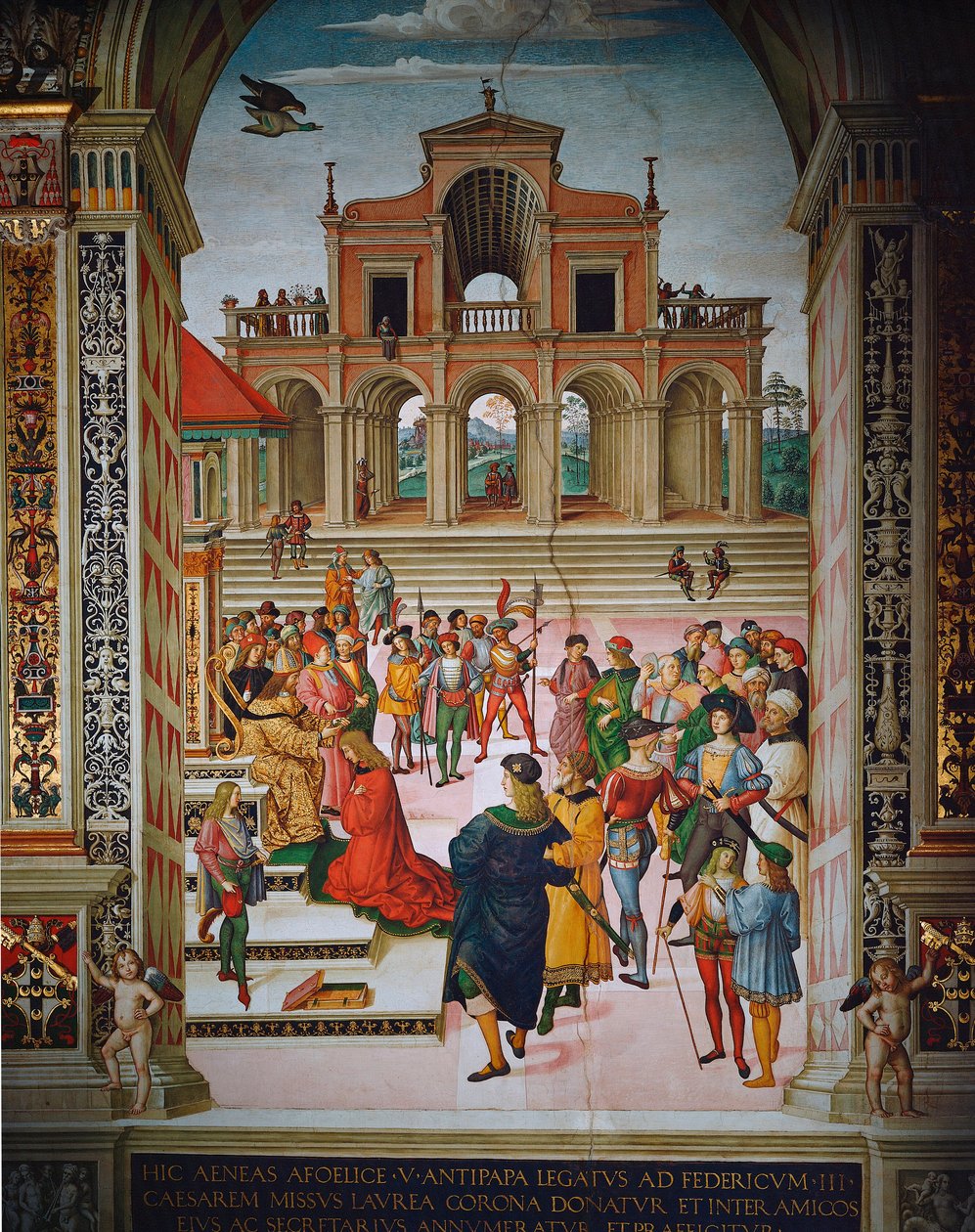Enea Silvio krönt poet av kejsar Fredrik III, Siena, Duomo, Piccolomini Library av Bernardino di Betto Pinturicchio