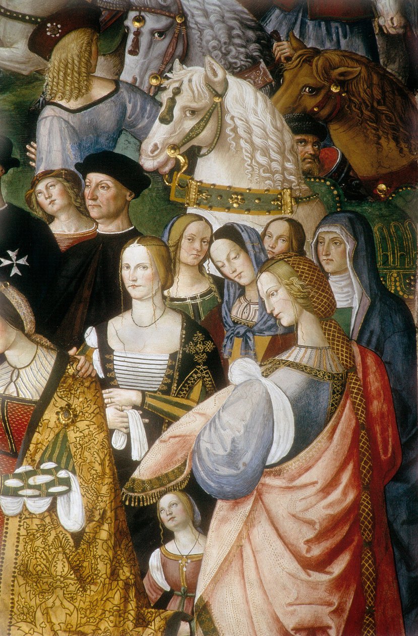 Enee Silvio Piccolomini presenterar Eleonore av Portugal för kejsar Fredrik III av det heliga riket vid Camollia-porten i Siena”, detalj (fresk) av Bernardino di Betto Pinturicchio