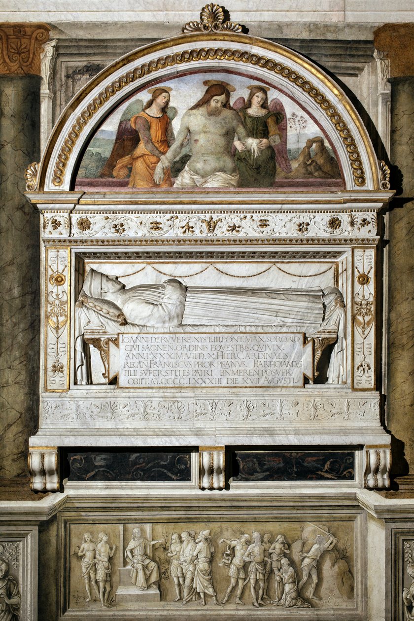 Begravningsmonument till hyllning till Giovanni Basso della Rovere (1403-1483) - Top "Den döde Kristus stödd av två änglar" (Den döde Kristus stödd av två änglar) - Fresk av Pinturicchio (Bernardino di Betto) (1454-1513) 1484- 1492 Rom, basilikan Santa Ma av Bernardino di Betto Pinturicchio
