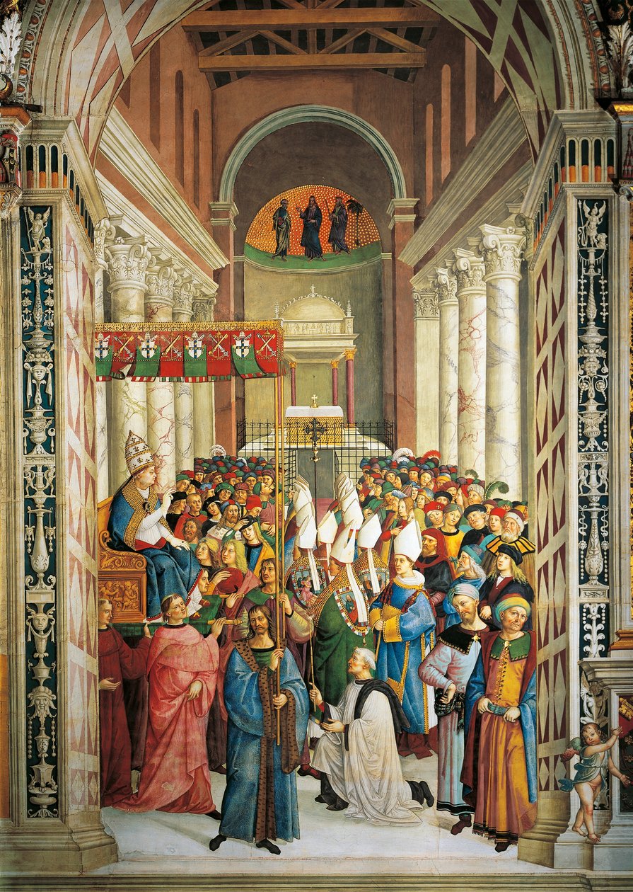 Italien, Siena, katedralen, Piccolomini bibliotek, kröning av påven Pius II, detalj från berättelser om Pius II av Bernardino di Betto Pinturicchio
