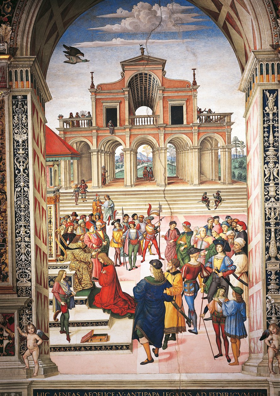 Italien, Siena, katedralen, Piccolomini bibliotek, Enea Silvio Piccolomini görs till poetpristagare av kejsar Fredrik III, detalj från berättelser om Pius II av Bernardino di Betto Pinturicchio