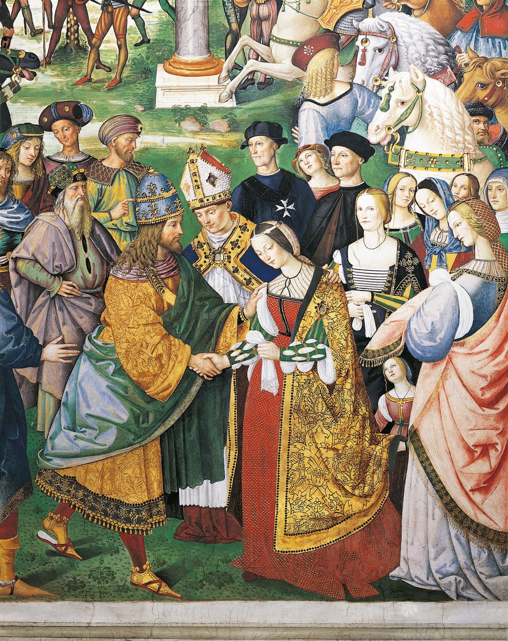 Italien, Siena, katedralen, Piccolomini bibliotek, Enea Silvio Piccolomini, biskop av Siena närvarar vid kröningen av Fredrik III och Eleanor av Aragon, detalj från berättelser om Pius II av Bernardino di Betto Pinturicchio