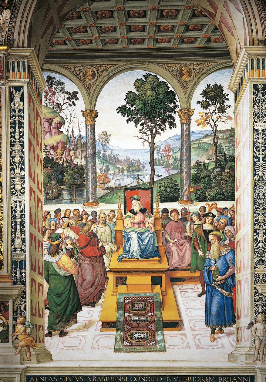 Italien, Siena, katedralen, Piccolomini bibliotek, Enea Silvio Piccolomini håller tal inför kung James I av Skottland, detalj från Stories of Pius II av Bernardino di Betto Pinturicchio