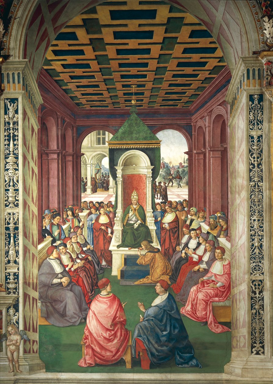 Italien, Siena, katedralen, Piccolomini-biblioteket, Enea Silvio Piccolomini i underkastelse till påven Eugenius IV, detalj från berättelser om Pius II av Bernardino di Betto Pinturicchio