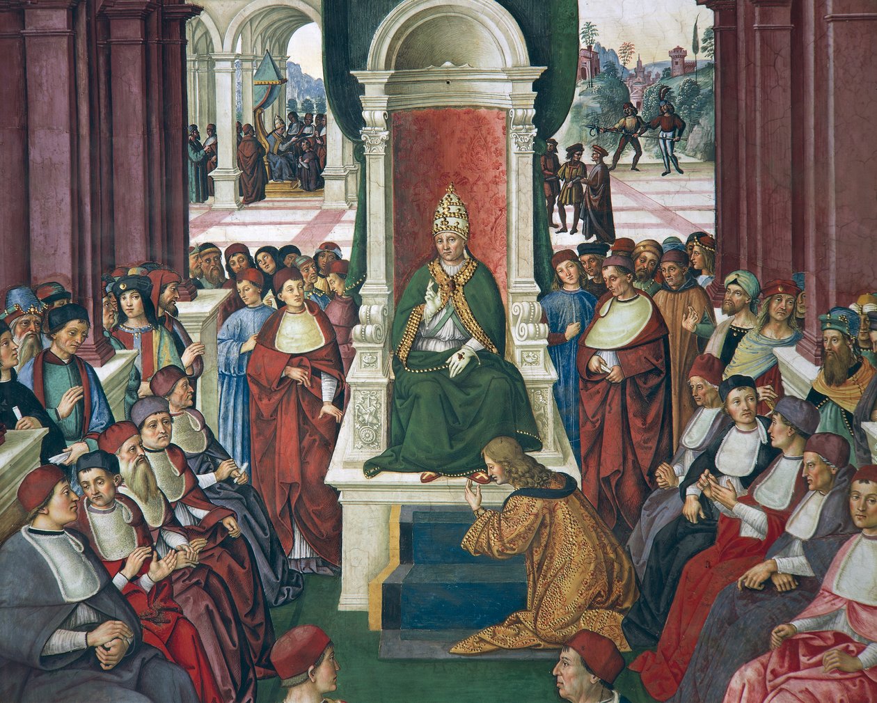 Italien, Siena, katedralen, Piccolomini bibliotek, Enea Silvio Piccolomini i handling av underkastelse till påven Eugenius IV, detalj från berättelser om Pius II av Bernardino di Betto Pinturicchio