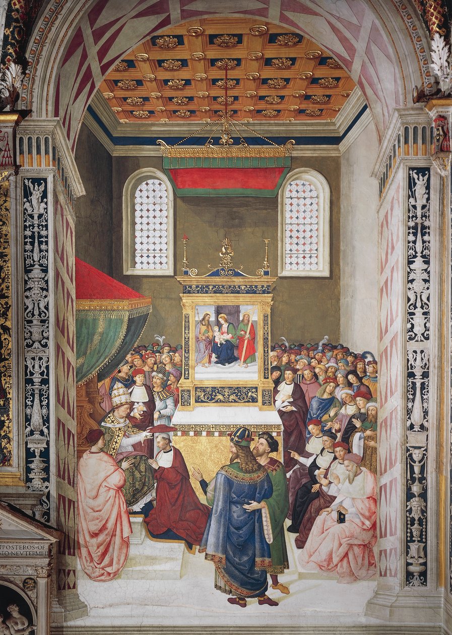 Italien, Siena, katedralen, Piccolomini-biblioteket, Enea Silvio Piccolomini tar emot kardinalhatt från Calixtus III, detalj från Stories of Pius II av Bernardino di Betto Pinturicchio