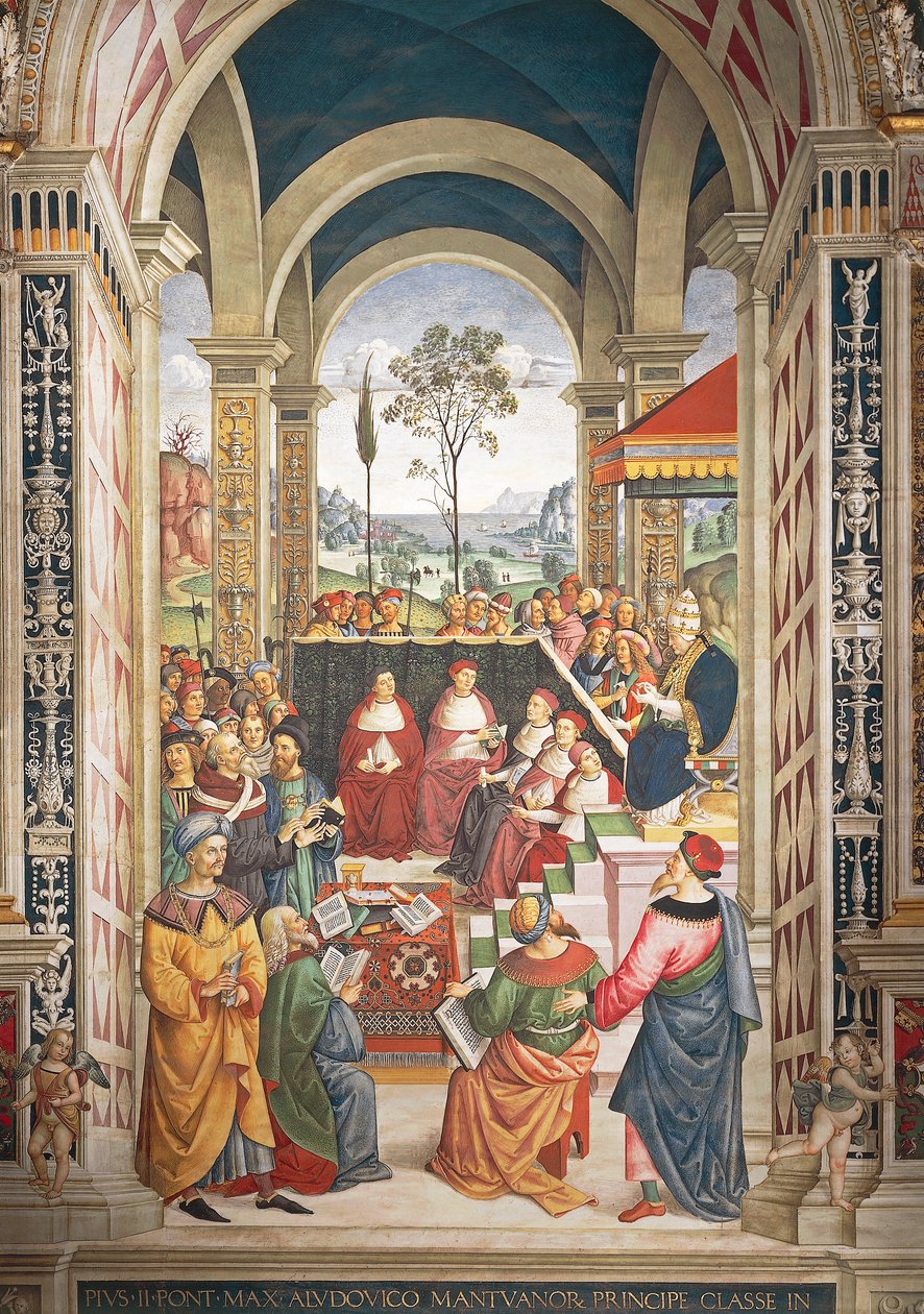 Italien, Siena, katedralen, Piccolomini-biblioteket, Pius II samlades i Mantova för diet organiserad för att planera korståg mot turkar, detalj i Stories of Pius II av Bernardino di Betto Pinturicchio
