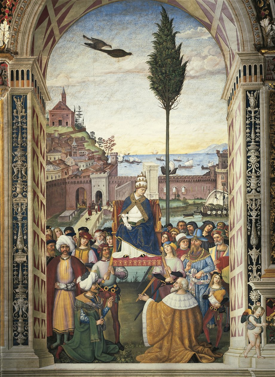 Italien, Siena, katedralen, Piccolomini-biblioteket, berättelser om Pius II: Pius II anländer till Ancona för att påskynda korståget av Bernardino di Betto Pinturicchio