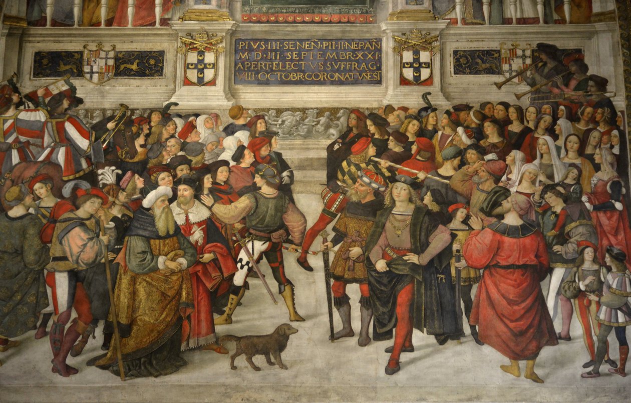 Italien Toscana Siena, katedralen Duomo: Pius II:s kröning (1405-1464) av Bernardino di Betto Pinturicchio