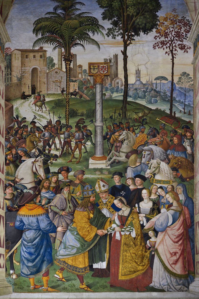 Italien Toscana Siena, Cathedrale Duomo: Piccolominibiblioteket - Mötet mellan Fredrik III (Frederik V av Habsburg) av Bernardino di Betto Pinturicchio