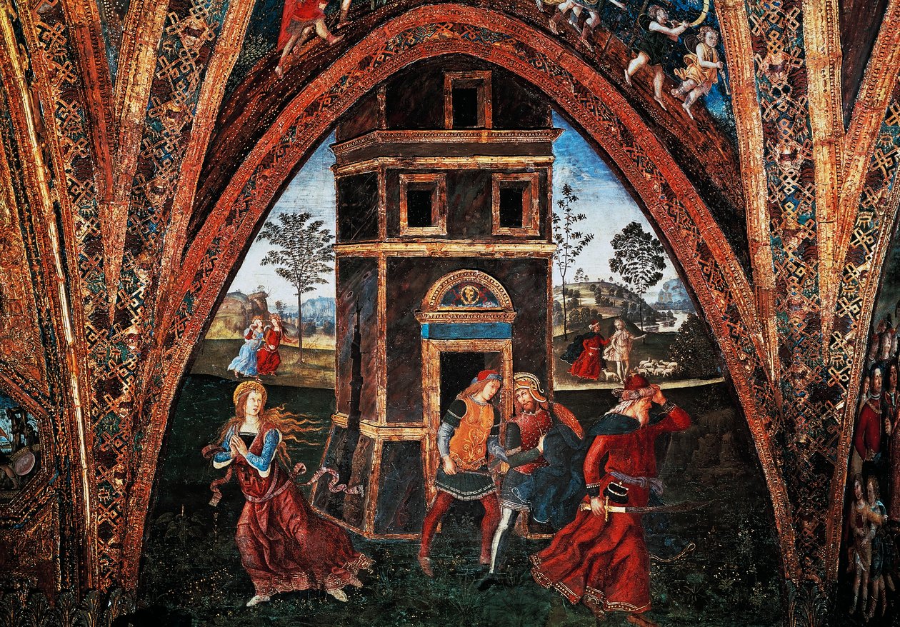 Martyrdom of Saint Barbara, av Bernardino Pinturicchio (ca 1452-1513), fresk, Hall of the Saints, Borgia Apartments, Apostolic Palace, Vatikanstaten, Italien. av Bernardino di Betto Pinturicchio