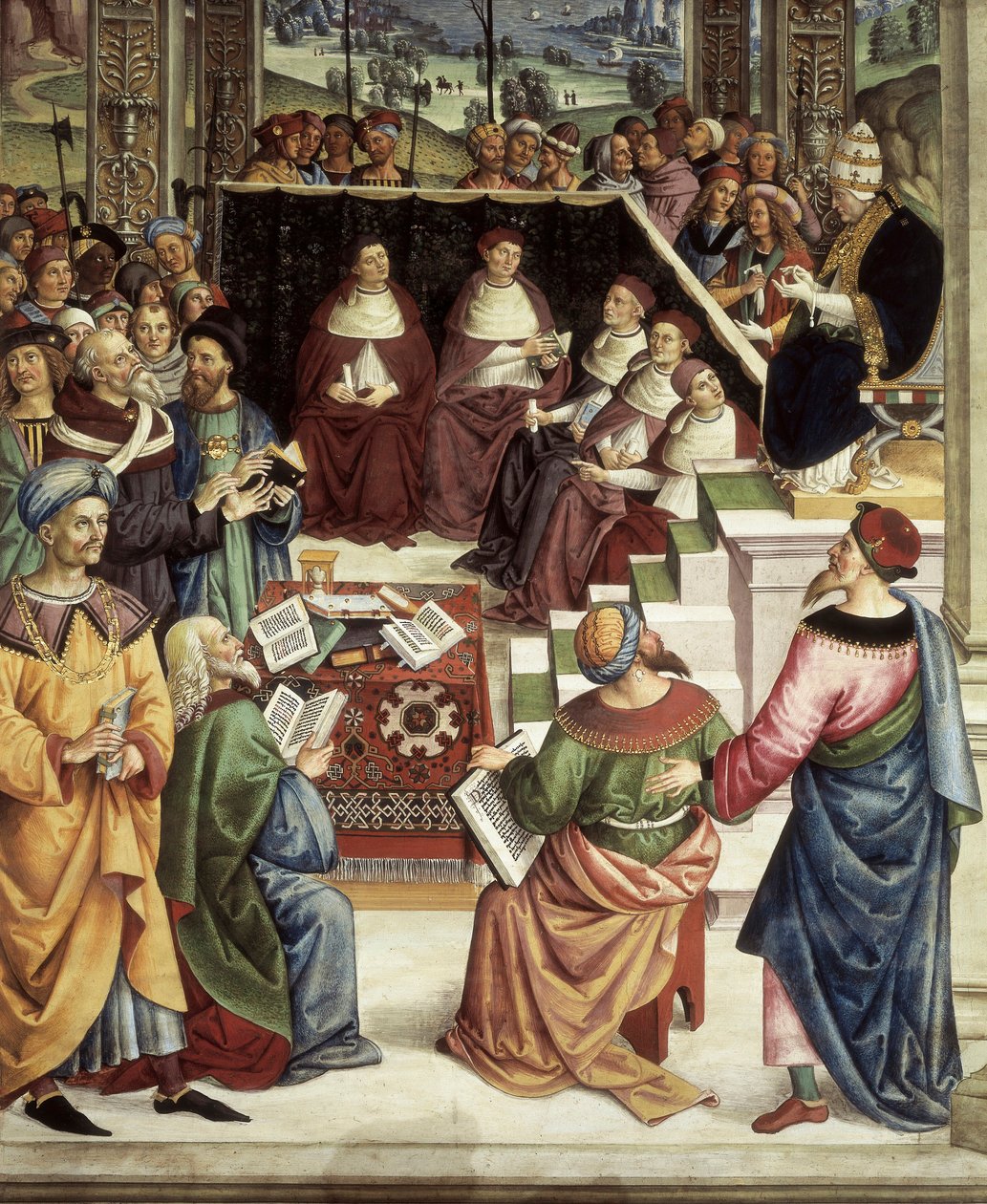 Pius II samlades i Mantova för diet organiserad för att planera korståg mot turkar, detalj i Stories of Pius II av Bernardino di Betto Pinturicchio