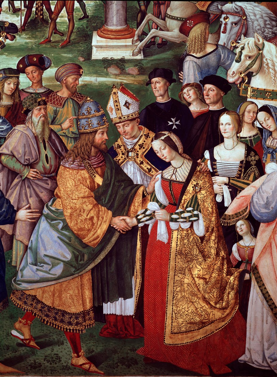 Poeten Enee Silvio Piccolomini presenterar Eleonore av Portugal till kejsar Fredrik III av det heliga riket vid Camollia-porten. Detalj av påven Pius II:s liv (fresko av Bernardino di Betto Pinturicchio