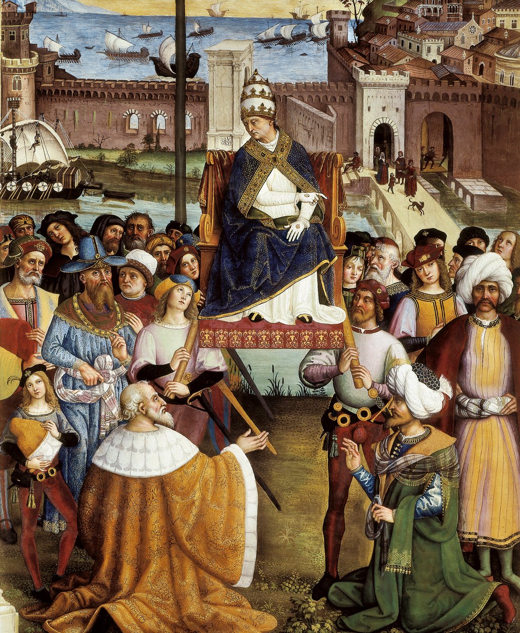 Påven Pio (Pius) II välsignade flottorna innan han lämnade Ancona till det heliga landet den 15 augusti 1464, detalj av Bernardino di Betto Pinturicchio