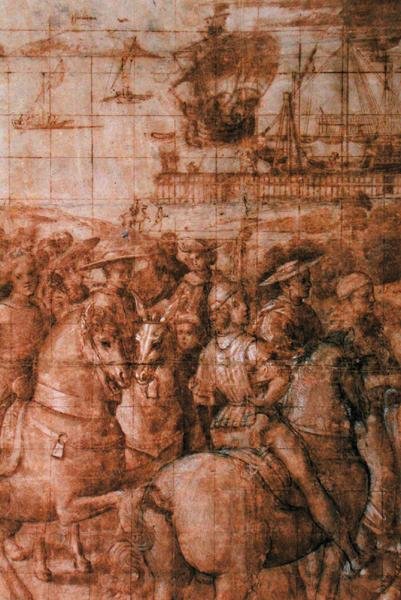 Förberedande tecknad serie för "Aeneas Sylvius Piccolomini (1405-64) Resor till Baselrådet" (penna och bläck på papper) (detalj) av Bernardino di Betto Pinturicchio