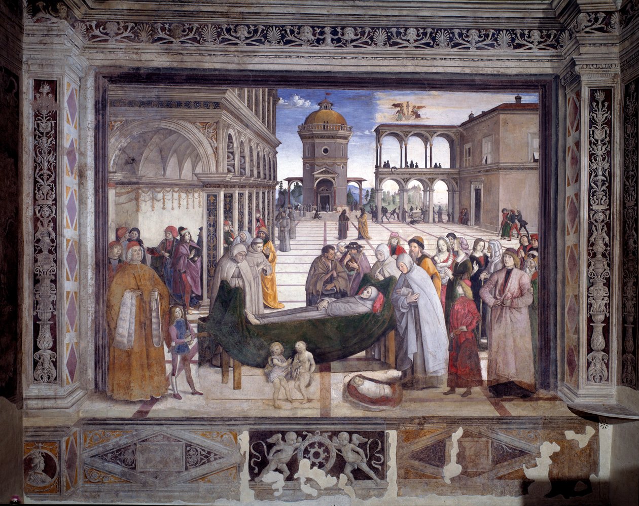 Berättelsen om St Bernardin, helgonets död (fresko, ca 1486) av Bernardino di Betto Pinturicchio