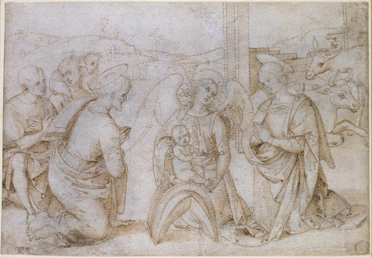 The Adoration of the Shepherds, WA1855.90 (penna & brunt bläck på benvitt papper, stickat för överföring) av Bernardino di Betto Pinturicchio