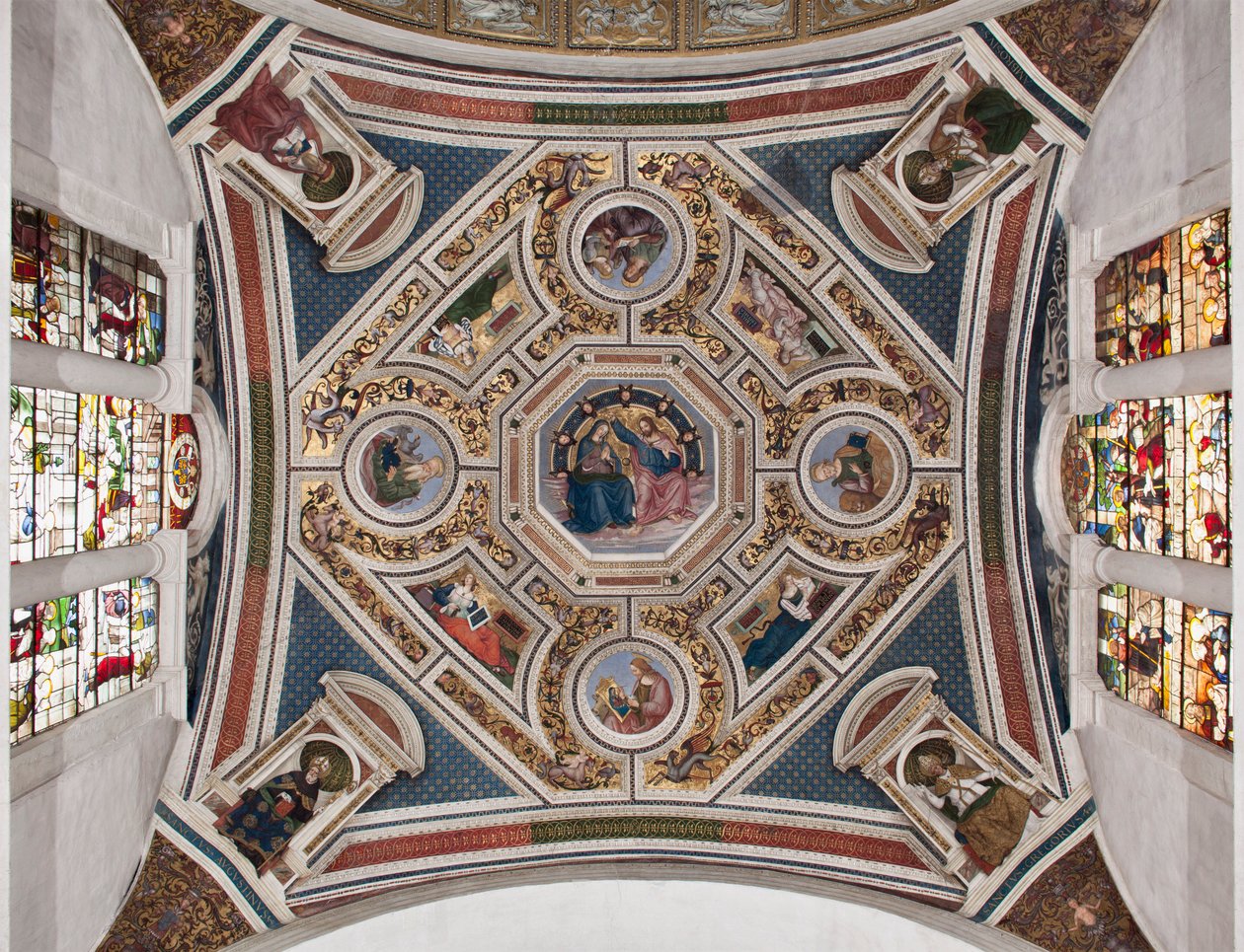 Jungfruns kröning "" De fyra evangelisterna"" "Sibyllerna"" och "" kyrkans läkare""" Korvalvet tillverkat av Pinturicchio (Bernardino di Betto) (1454-1513) - 1508-1510 Basilica av Santa Maria del Popolo (Church of Santa Maria del Pop av Bernardino di Betto Pinturicchio
