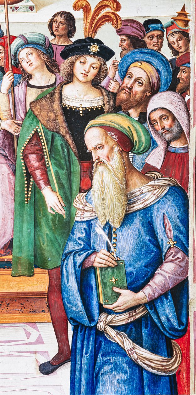 Piccolomini-biblioteket, nordöstra väggen: "Aeneas Sylvius håller en tal inför kung James I av Skottland, vintern 1435" av Bernardino di Betto Pinturicchio