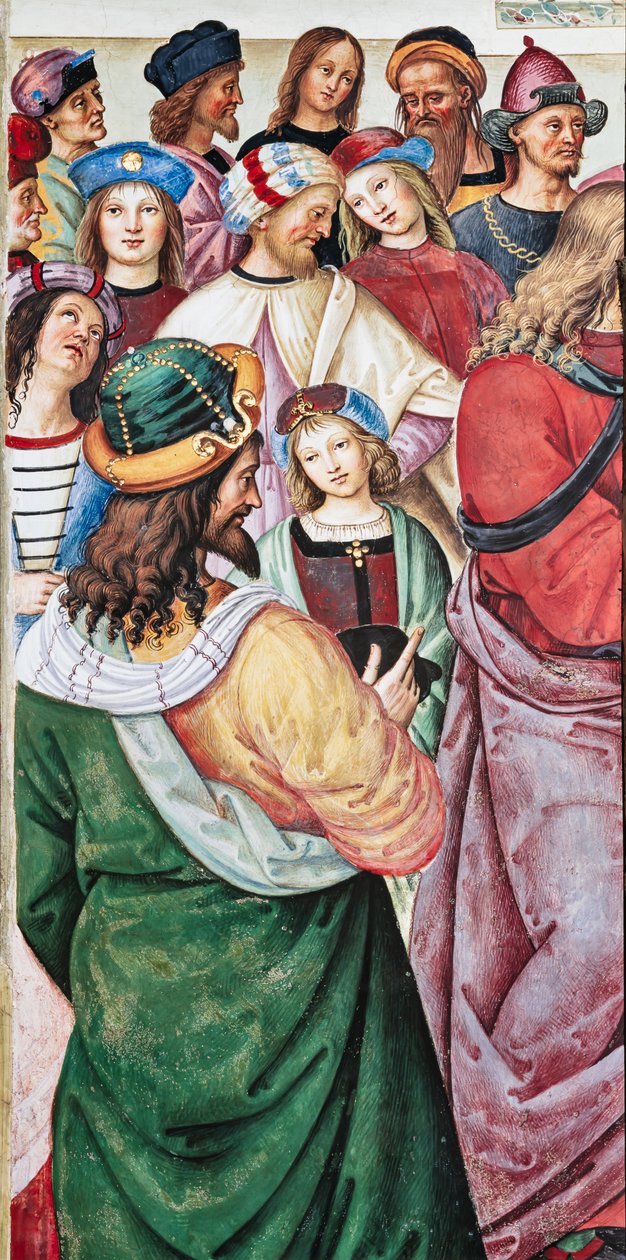 Piccolomini-biblioteket, nordöstra väggen: "Aeneas Sylvius håller en tal inför kung James I av Skottland, vintern 1435" av Bernardino di Betto Pinturicchio