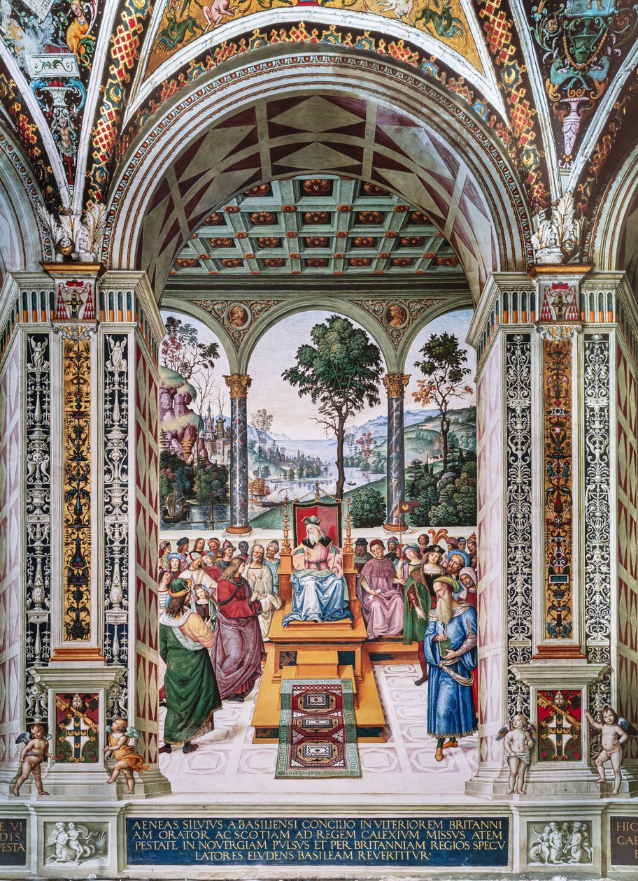 Piccolomini-biblioteket, nordöstra väggen: "Aeneas Sylvius håller en tal inför kung James I av Skottland, vintern 1435" av Bernardino di Betto Pinturicchio